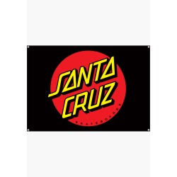 Quadratischer schwarzer Santa Cruz Vinyl-Banner mit dem rot-gelben Classic Dot Logo und Metallösen an den vier Ecken.