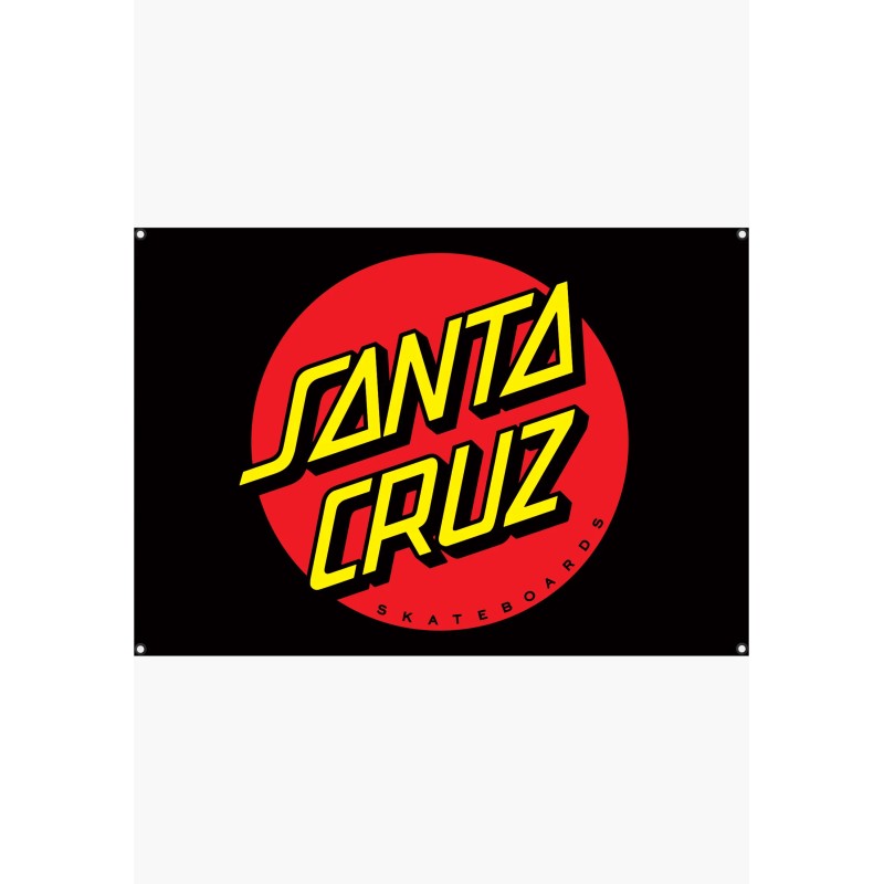 Quadratischer schwarzer Santa Cruz Vinyl-Banner mit dem rot-gelben Classic Dot Logo und Metallösen an den vier Ecken.