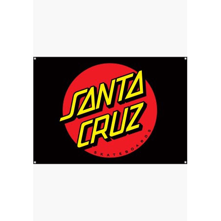 Quadratischer schwarzer Santa Cruz Vinyl-Banner mit dem rot-gelben Classic Dot Logo und Metallösen an den vier Ecken.