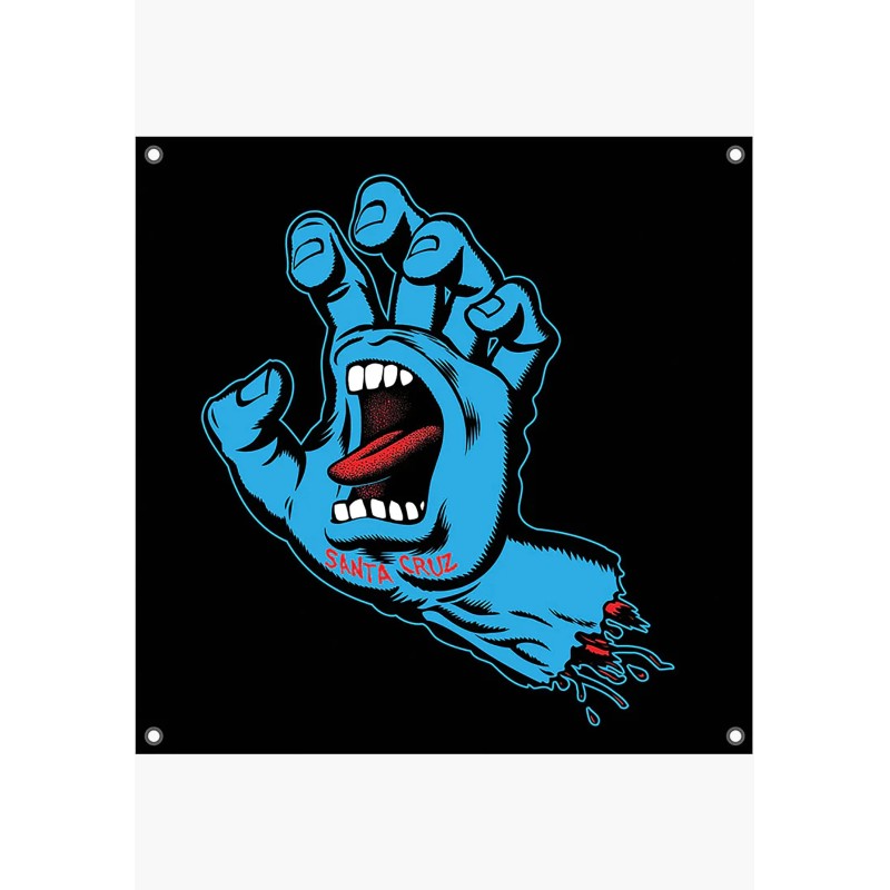 Quadratischer schwarzer Santa Cruz Vinyl-Banner mit der blauen schreienden Hand (Screaming Hand) und Metallösen an den Ecken.