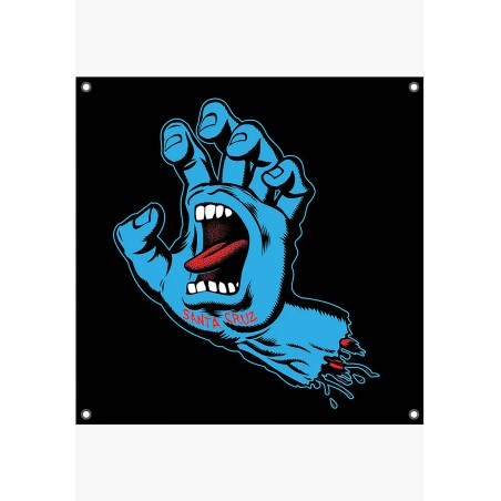 Quadratischer schwarzer Santa Cruz Vinyl-Banner mit der blauen schreienden Hand (Screaming Hand) und Metallösen an den Ecken.