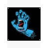 Quadratischer schwarzer Santa Cruz Vinyl-Banner mit der blauen schreienden Hand (Screaming Hand) und Metallösen an den Ecken.